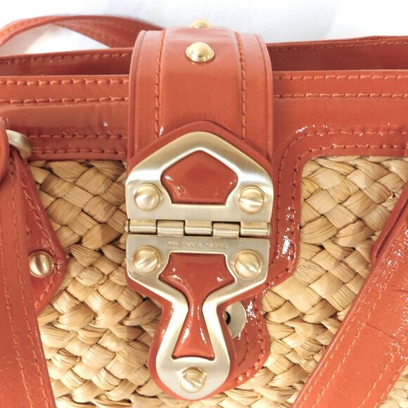 Medium Michael Kors Orange Patent Leather & Straw Tote Handbag Purse - Picture 8 of 13